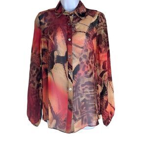 Da Nang Red Gold Animal Print Sheer Button Down Blouse XS 100% Silk Wearable Art